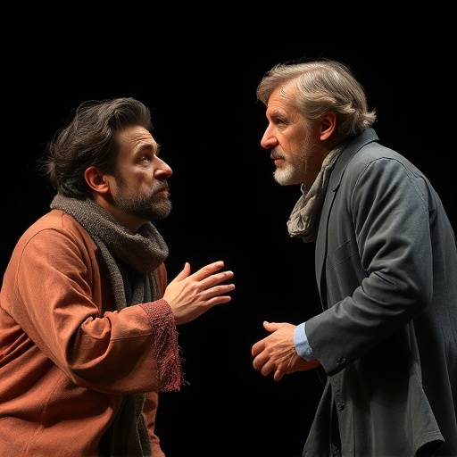 Attori italiani si esibiscono in una rappresentazione teatrale moderna.