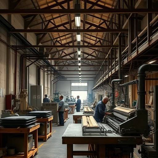 Interno di una fabbrica italiana con operai al lavoro