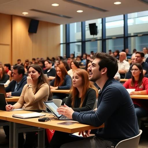 Studenti universitari che partecipano a una lezione in un'aula moderna.