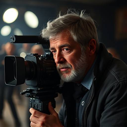 Un giovane regista italiano dirige una scena sul set di un film.